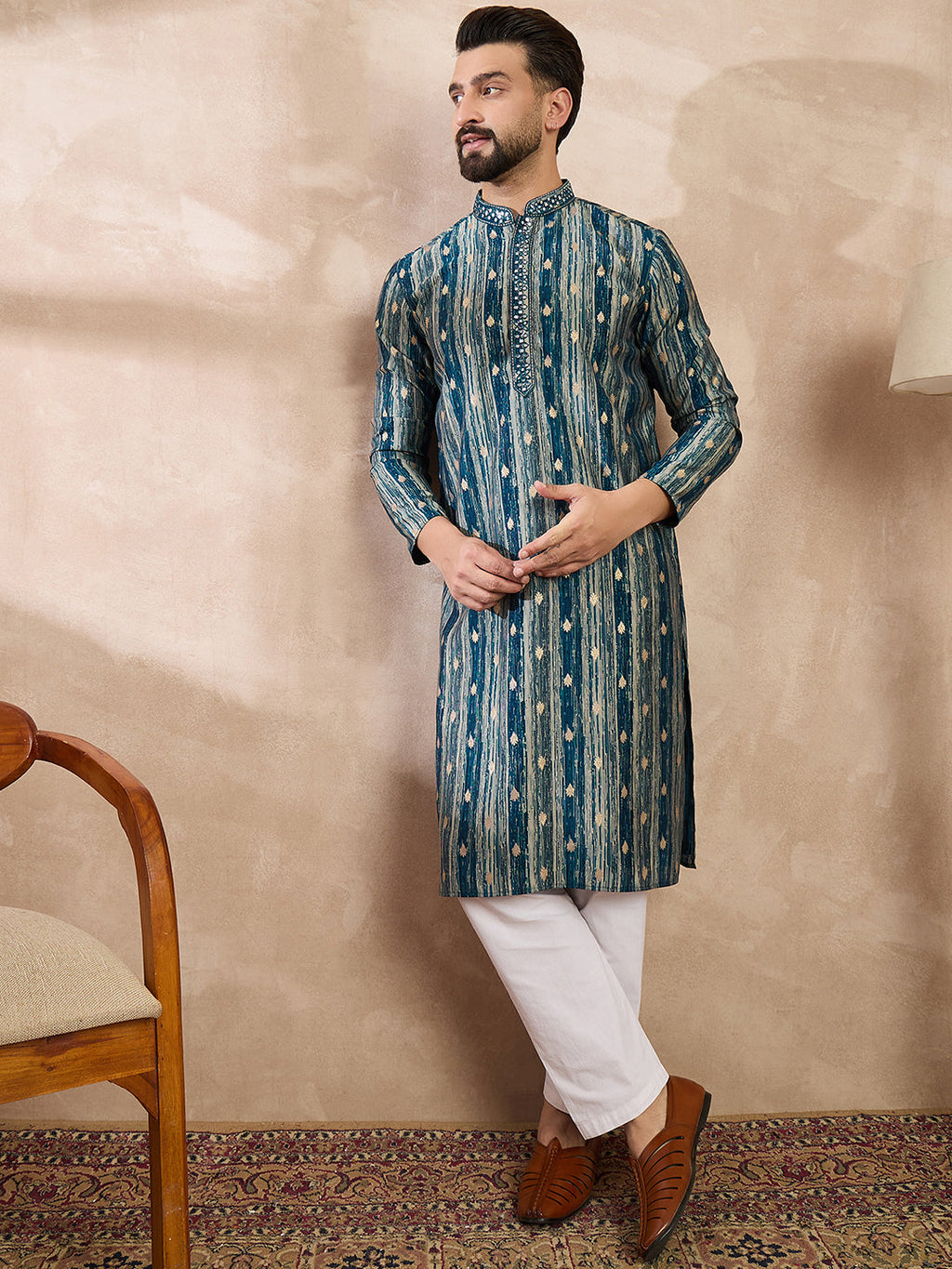 Men Turquoise Blue Silk Blend Abstract Printed Straight Kurta-MKU2005