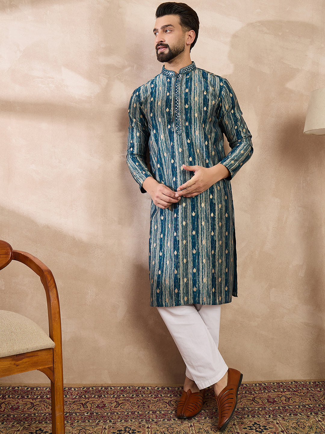 Men Turquoise Blue Silk Blend Abstract Printed Straight Kurta-MKU2005