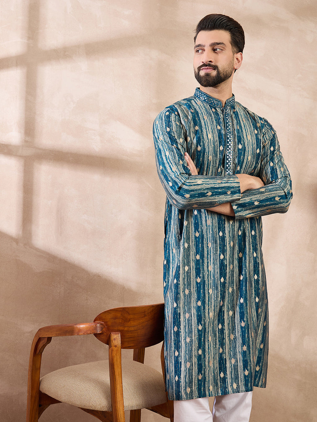 Men Turquoise Blue Silk Blend Abstract Printed Straight Kurta-MKU2005