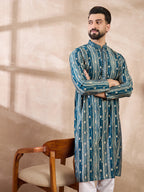Men Turquoise Blue Silk Blend Abstract Printed Straight Kurta-MKU2005