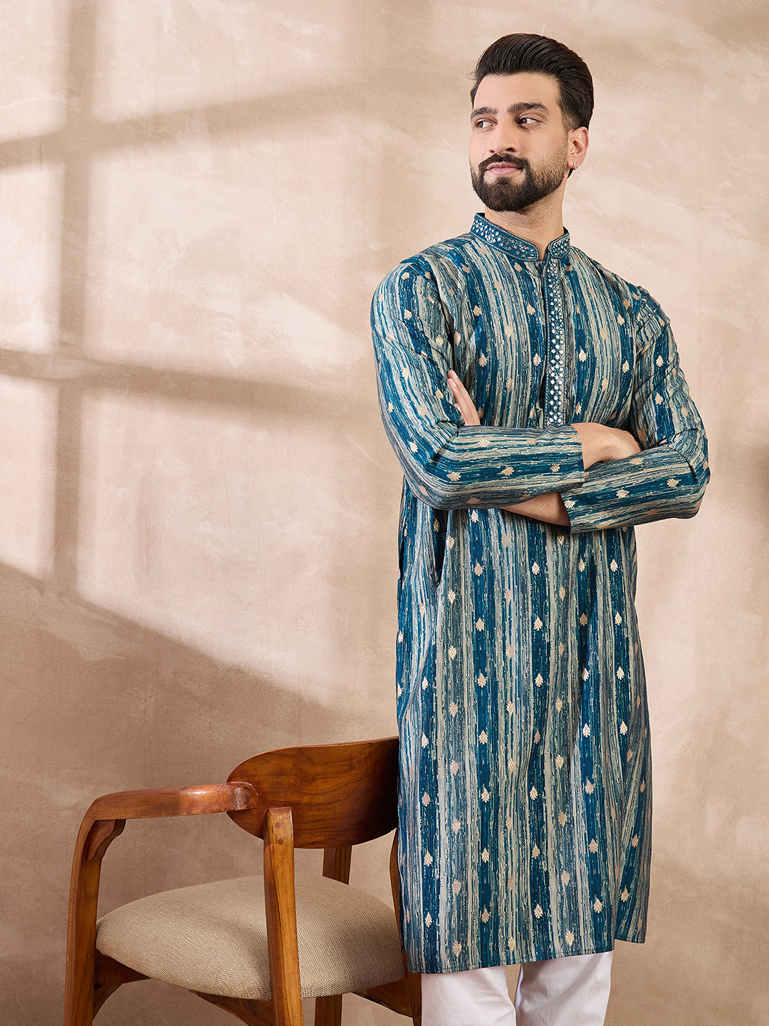 Men Turquoise Blue Silk Blend Abstract Printed Straight Kurta-MKU2005