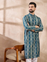 Men Turquoise Blue Silk Blend Abstract Printed Straight Kurta-MKU2005