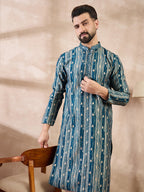 Men Turquoise Blue Silk Blend Abstract Printed Straight Kurta-MKU2005