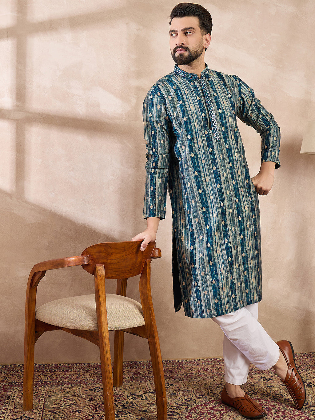 Men Turquoise Blue Silk Blend Abstract Printed Straight Kurta-MKU2005