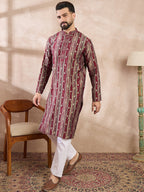 Men Maroon Silk Blend Abstract Printed Straight Kurta-MKU2006