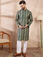 Men Green Silk Blend Abstract Printed Straight Kurta-MKU2007