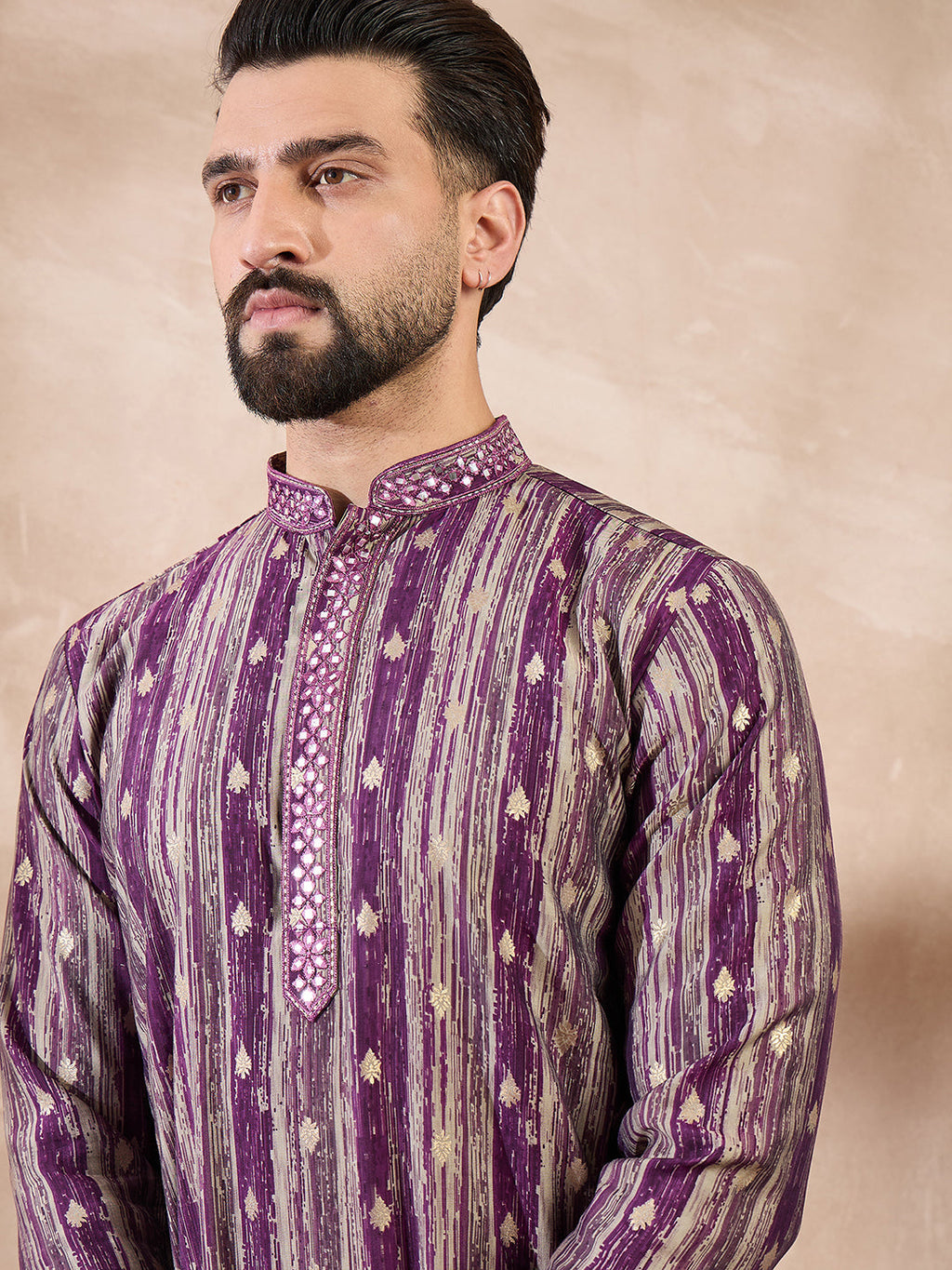 Men Purple Silk Blend Abstract Printed Straight Kurta-MKU2008