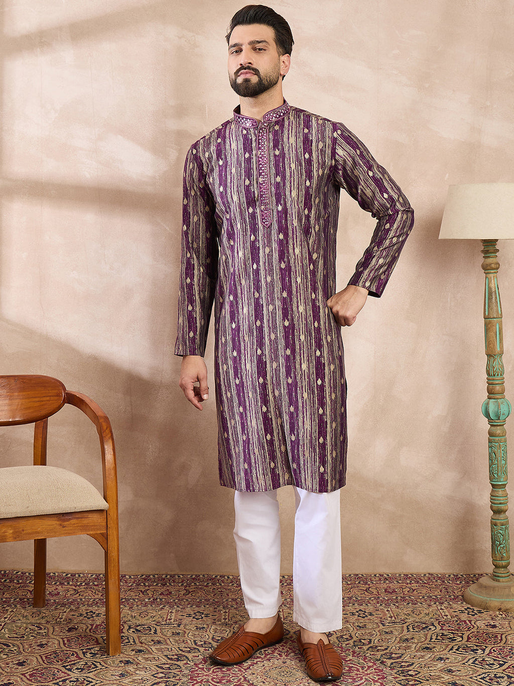 Men Purple Silk Blend Abstract Printed Straight Kurta-MKU2008