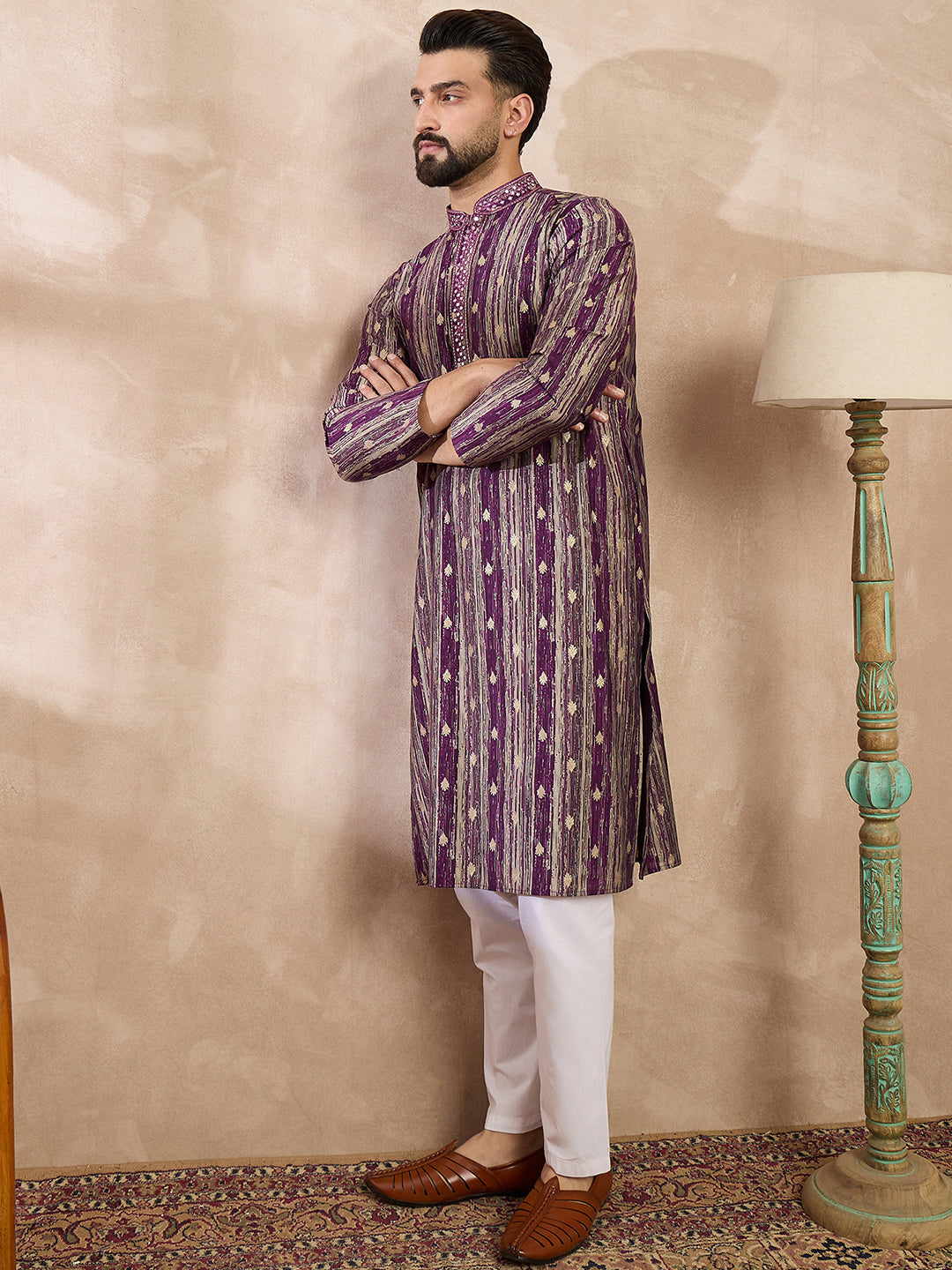 Men Purple Silk Blend Abstract Printed Straight Kurta-MKU2008