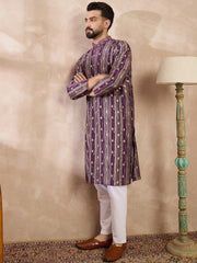 Men Purple Silk Blend Abstract Printed Straight Kurta-MKU2008