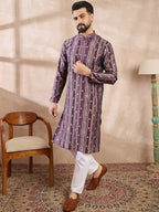 Men Purple Silk Blend Abstract Printed Straight Kurta-MKU2008