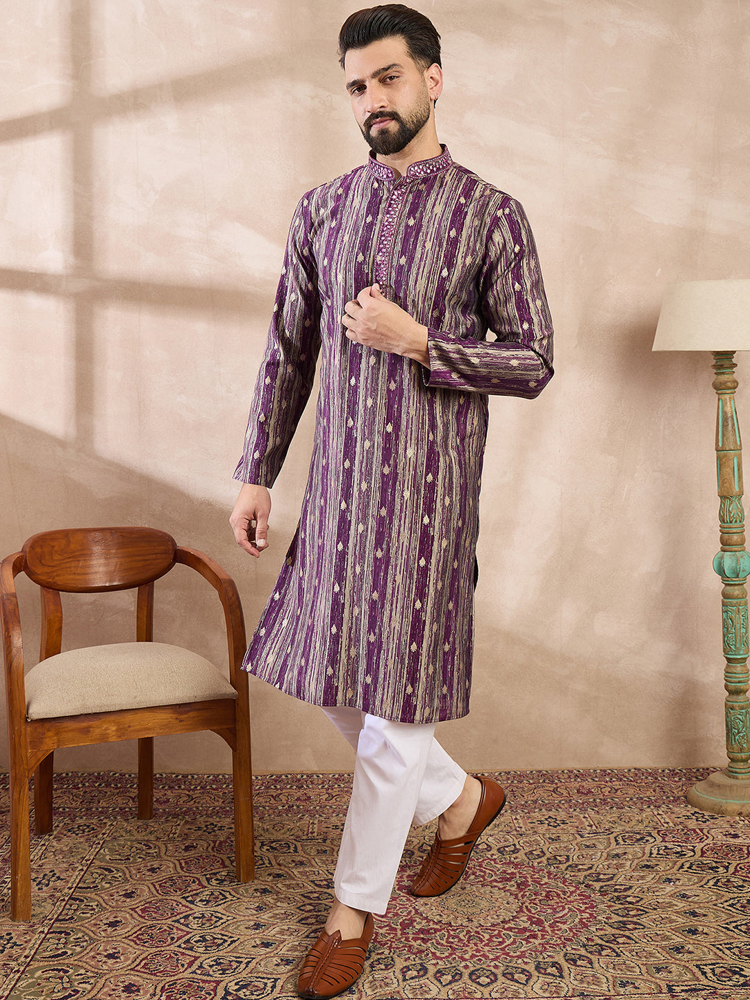 Men Purple Silk Blend Abstract Printed Straight Kurta-MKU2008
