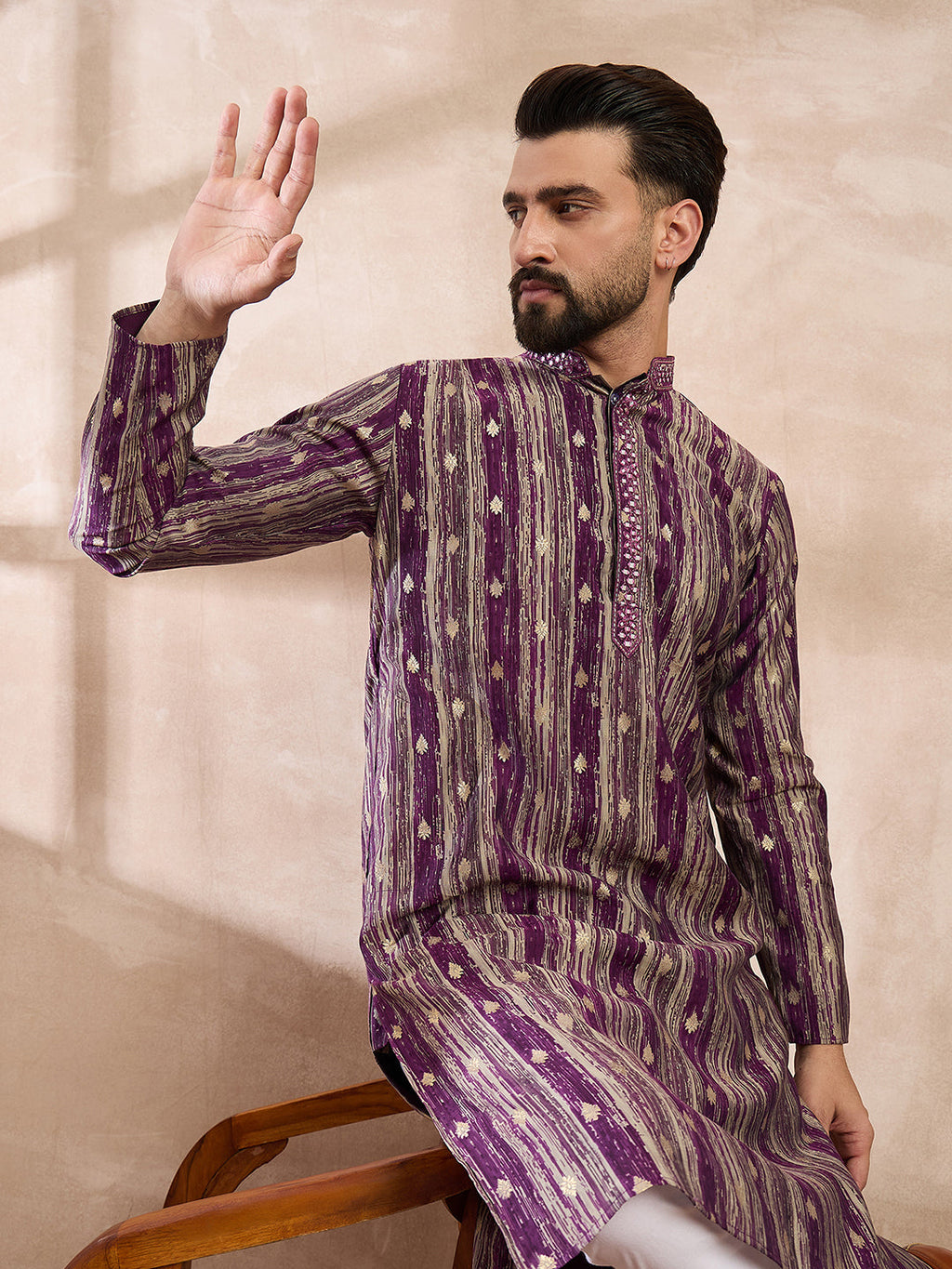 Men Purple Silk Blend Abstract Printed Straight Kurta-MKU2008
