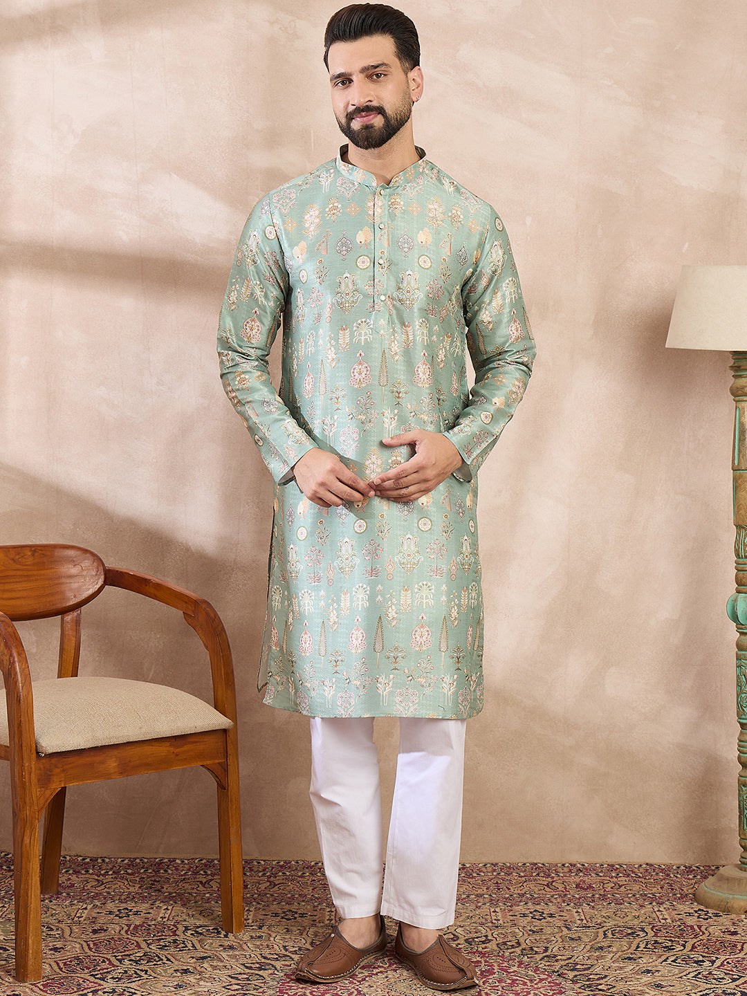 Men Green Silk Blend Floral Printed Straight Kurta-MKU2011