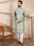Men Green Silk Blend Floral Printed Straight Kurta-MKU2011