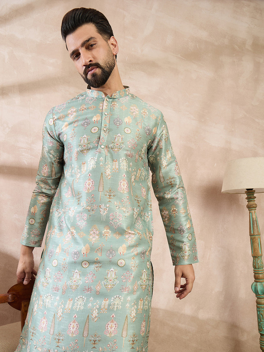 Men Green Silk Blend Floral Printed Straight Kurta-MKU2011