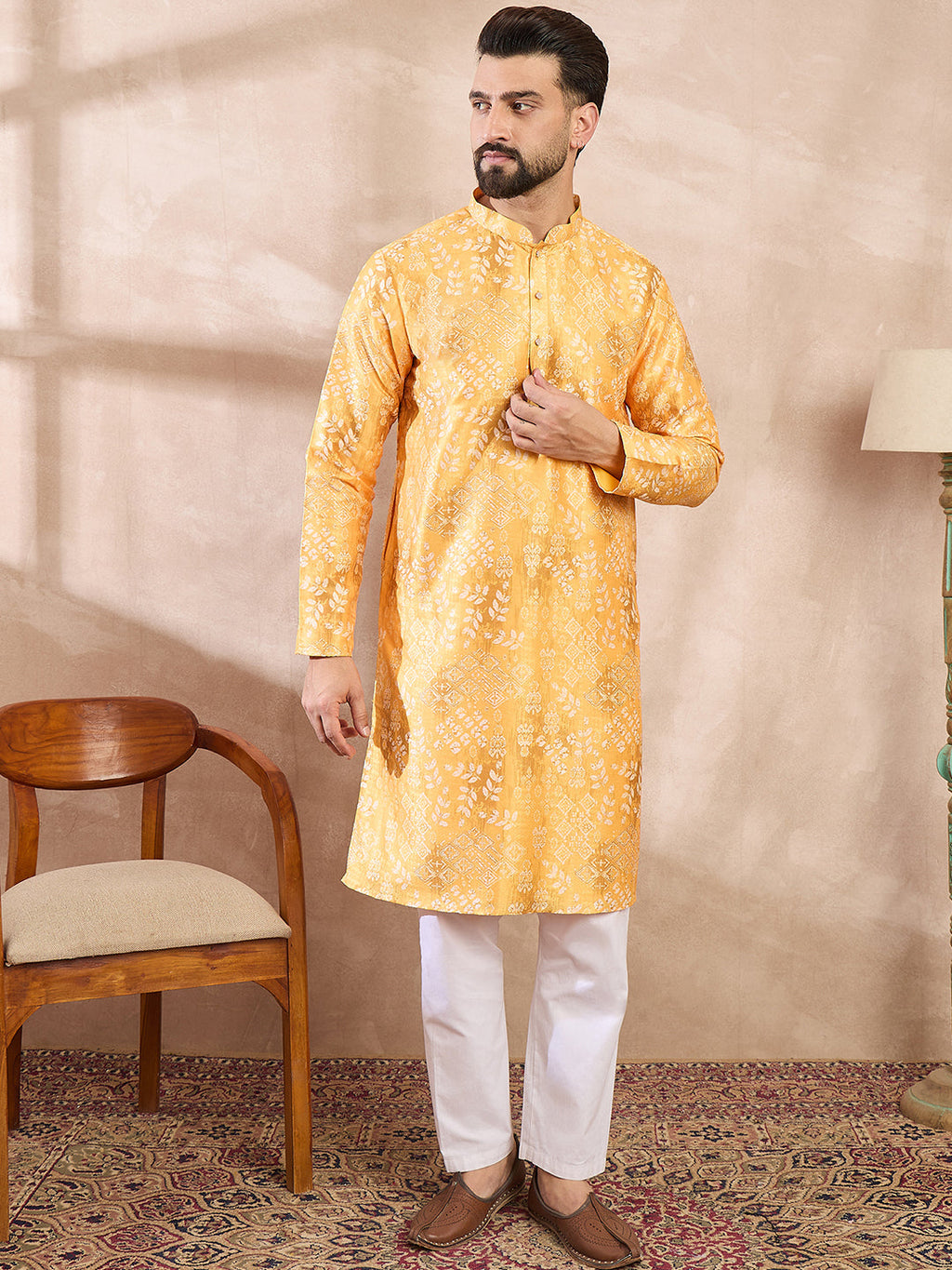 Men Yellow Silk Blend Ethnic Motifs Printed Straight Kurta-MKU2012