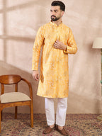 Men Yellow Silk Blend Ethnic Motifs Printed Straight Kurta-MKU2012