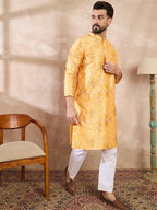 Men Yellow Silk Blend Ethnic Motifs Printed Straight Kurta-MKU2012