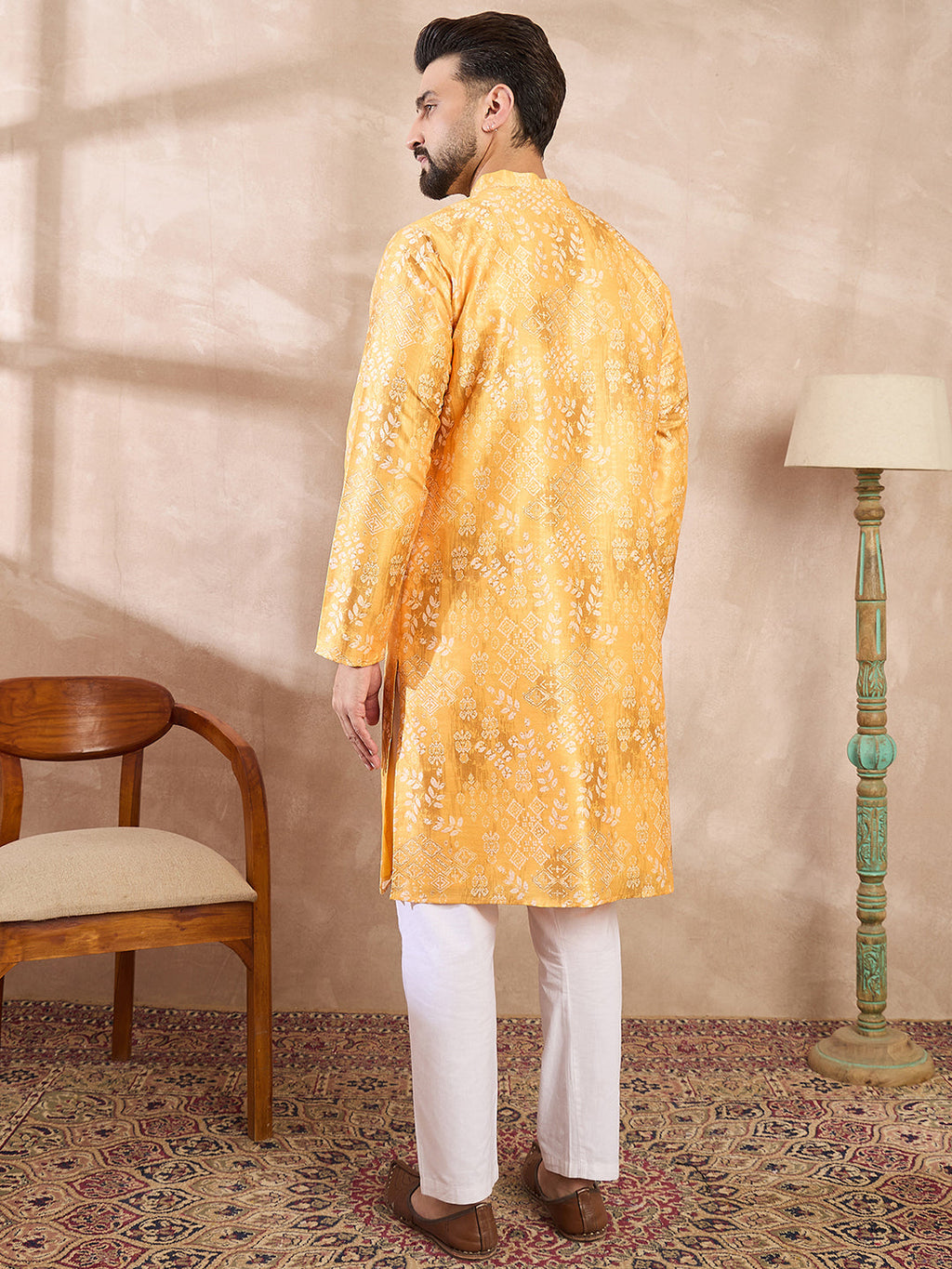 Men Yellow Silk Blend Ethnic Motifs Printed Straight Kurta-MKU2012