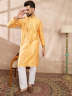 Men Yellow Silk Blend Ethnic Motifs Printed Straight Kurta-MKU2012