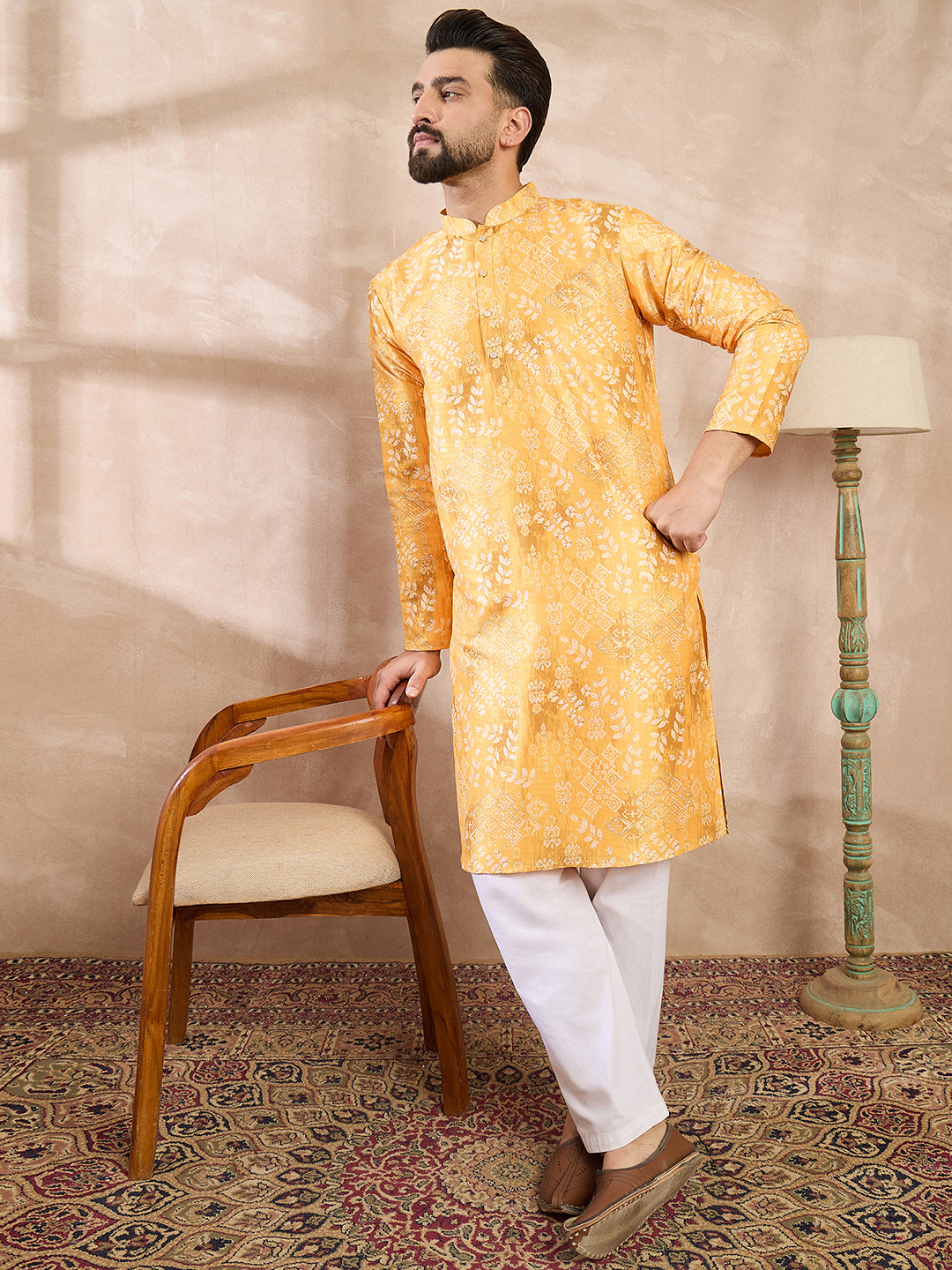 Men Yellow Silk Blend Ethnic Motifs Printed Straight Kurta-MKU2012
