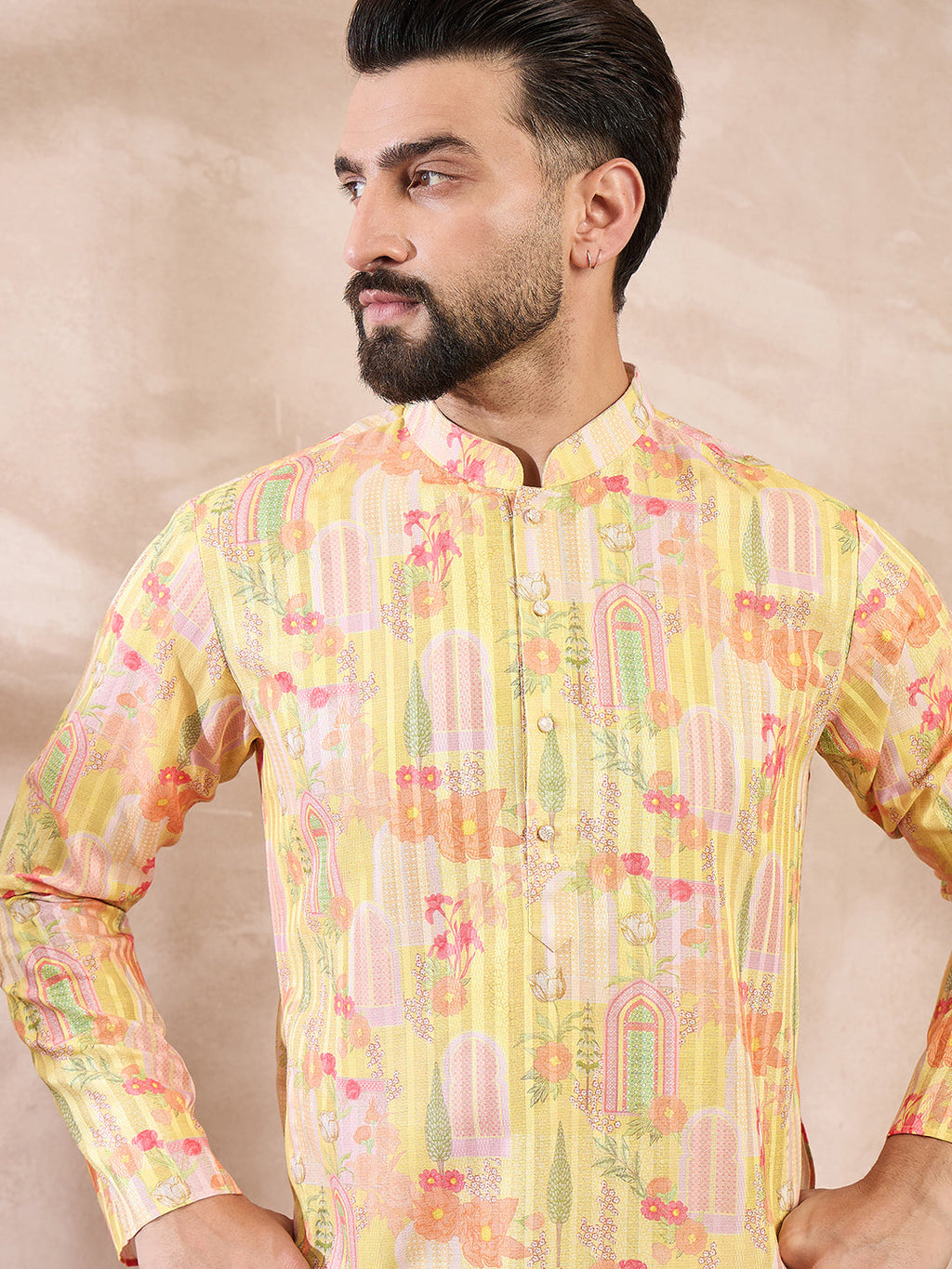 Men Yellow Silk Blend Abstract Printed Straight Kurta-MKU2013