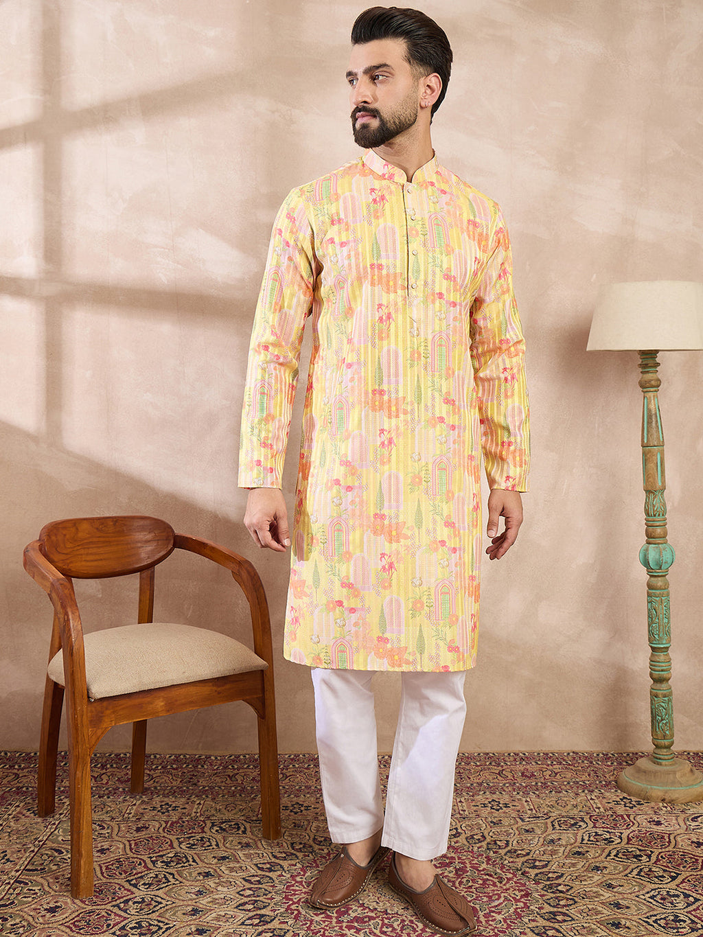 Men Yellow Silk Blend Abstract Printed Straight Kurta-MKU2013