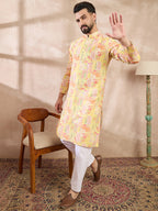 Men Yellow Silk Blend Abstract Printed Straight Kurta-MKU2013