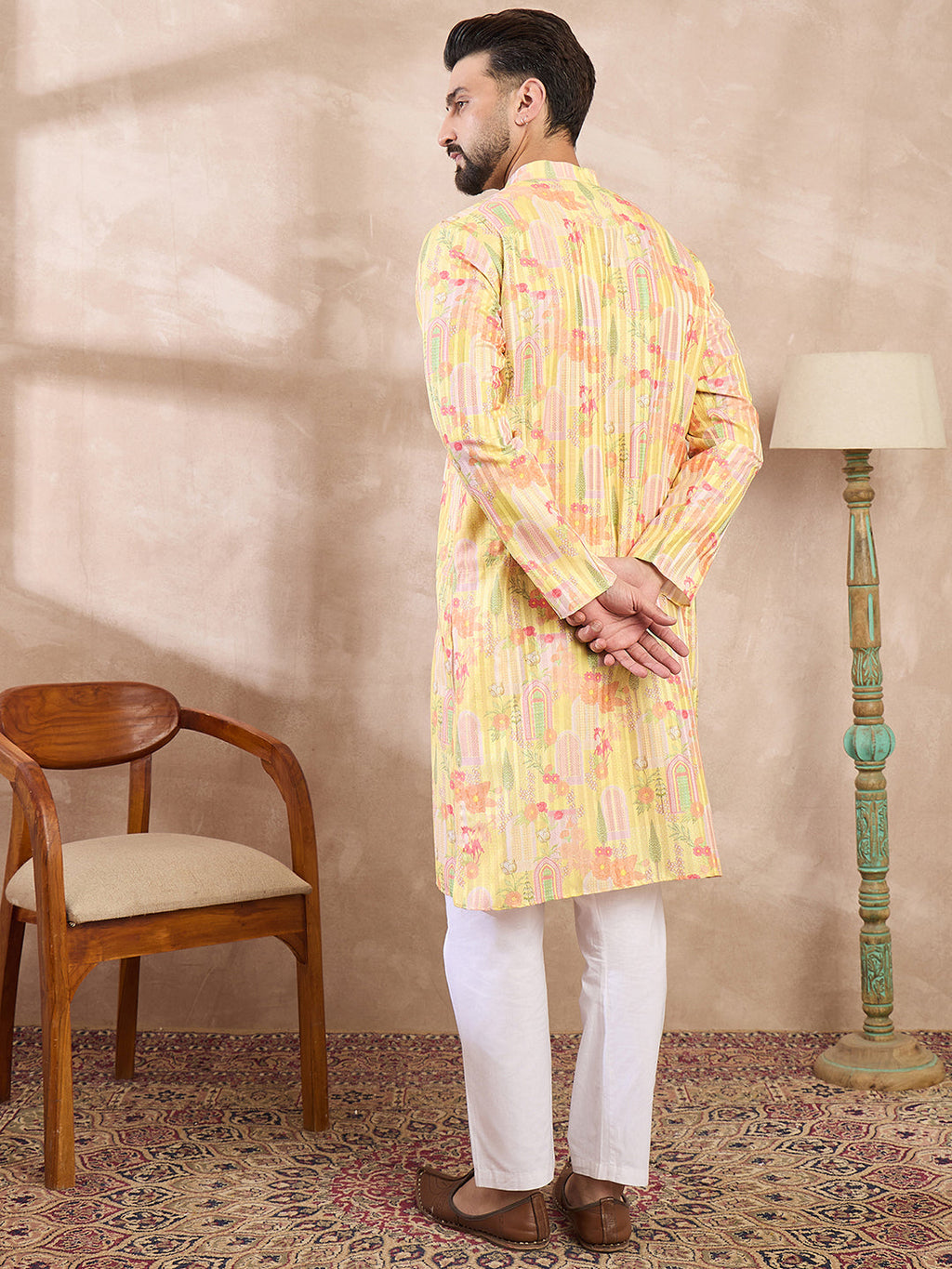 Men Yellow Silk Blend Abstract Printed Straight Kurta-MKU2013