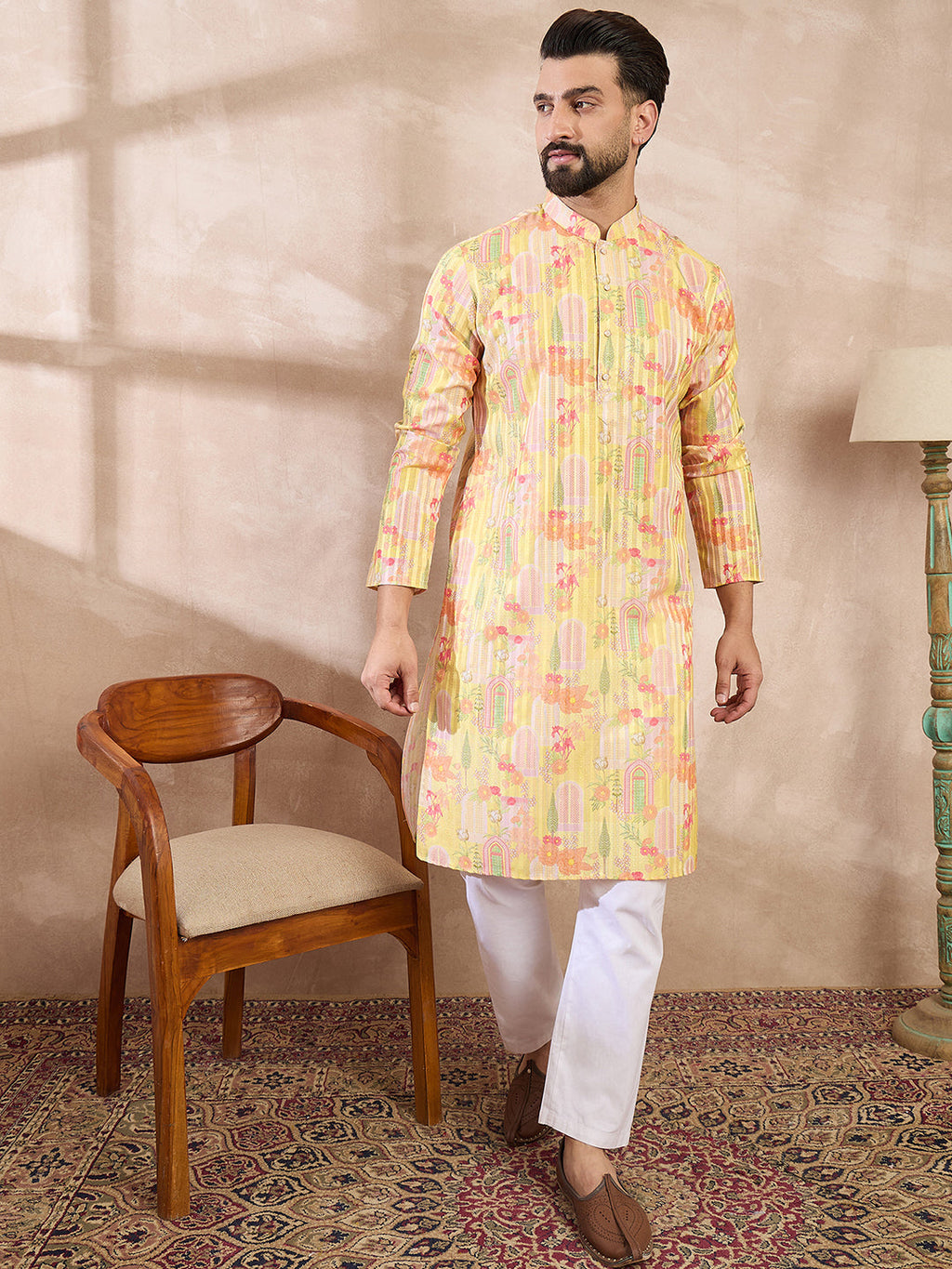 Men Yellow Silk Blend Abstract Printed Straight Kurta-MKU2013