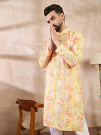 Men Yellow Silk Blend Abstract Printed Straight Kurta-MKU2013