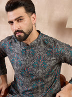 Men Black Silk Blend Floral Printed Straight Kurta-MKU2015