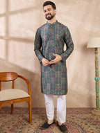 Men Black Silk Blend Floral Printed Straight Kurta-MKU2015