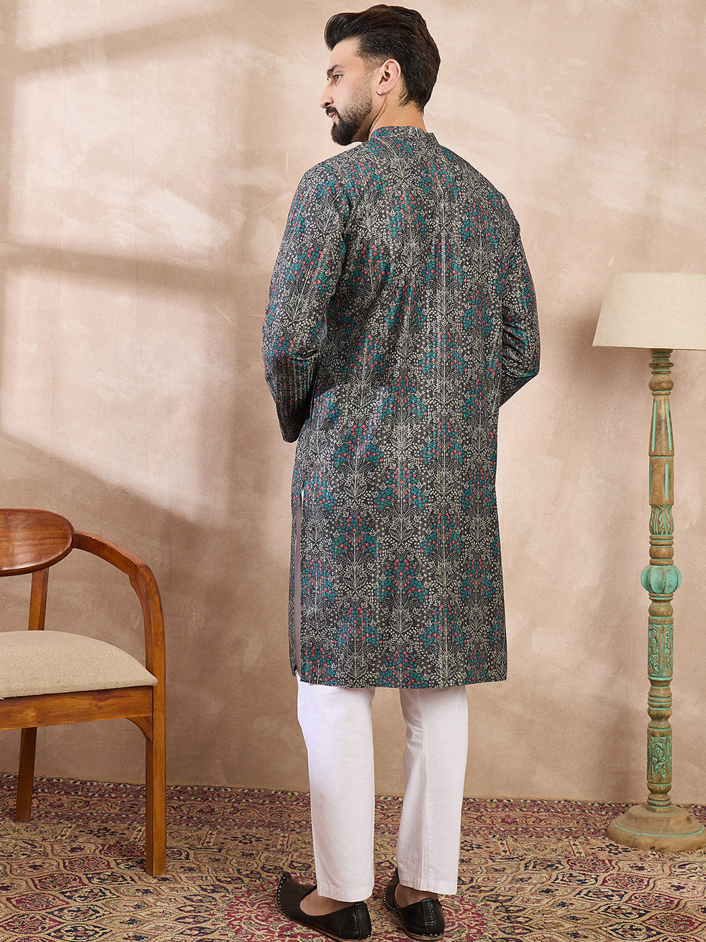 Men Black Silk Blend Floral Printed Straight Kurta-MKU2015
