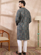Men Black Silk Blend Floral Printed Straight Kurta-MKU2015