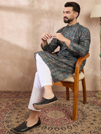 Men Black Silk Blend Floral Printed Straight Kurta-MKU2015