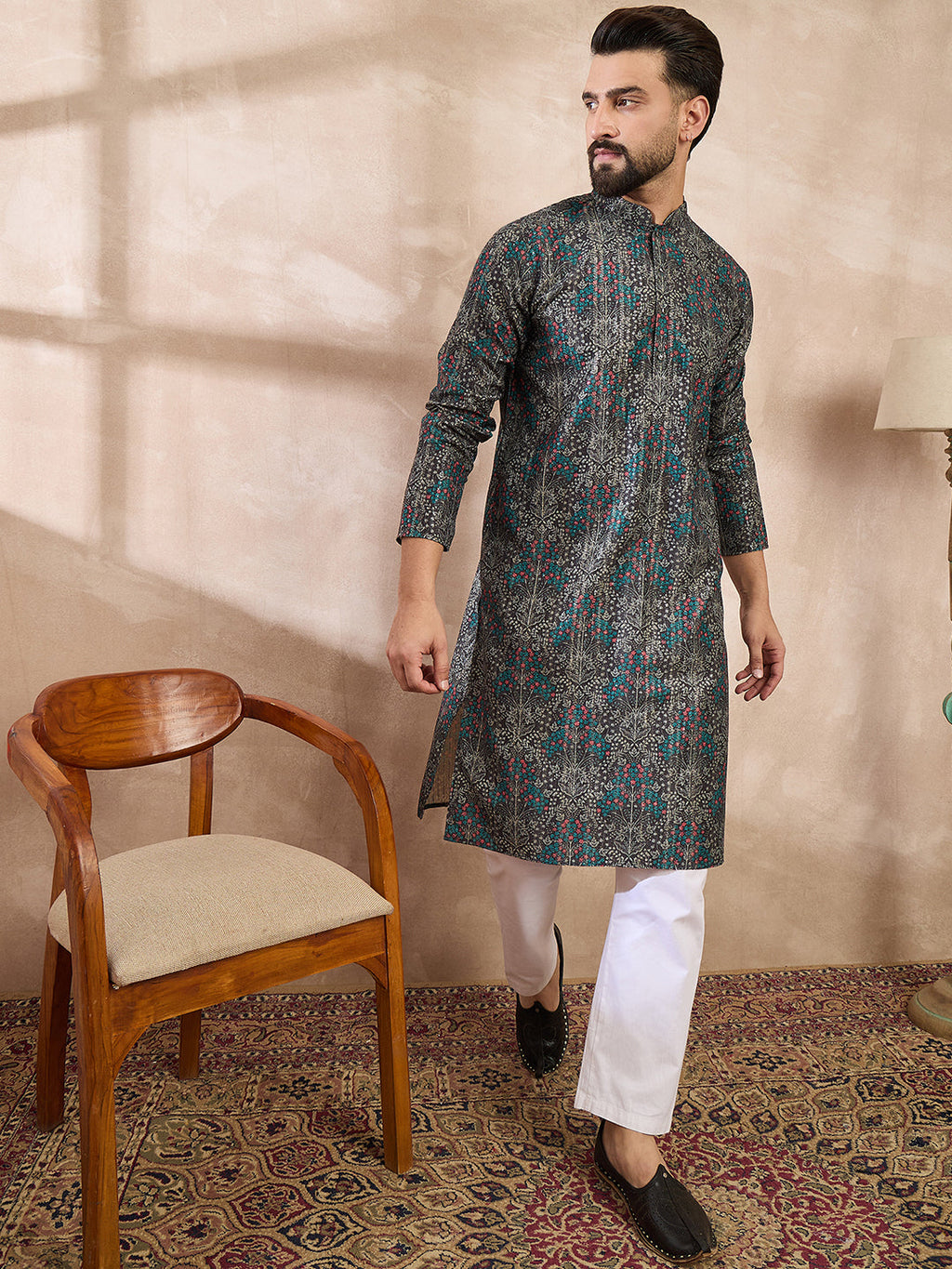 Men Black Silk Blend Floral Printed Straight Kurta-MKU2015