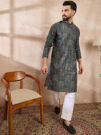 Men Black Silk Blend Floral Printed Straight Kurta-MKU2015