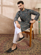 Men Black Silk Blend Floral Printed Straight Kurta-MKU2015