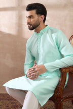 Teal Polyester Woven Design Mandarin Collar Straight Kurta MKU2016