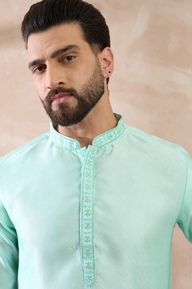 Teal Polyester Woven Design Mandarin Collar Straight Kurta MKU2016