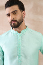 Teal Polyester Woven Design Mandarin Collar Straight Kurta MKU2016