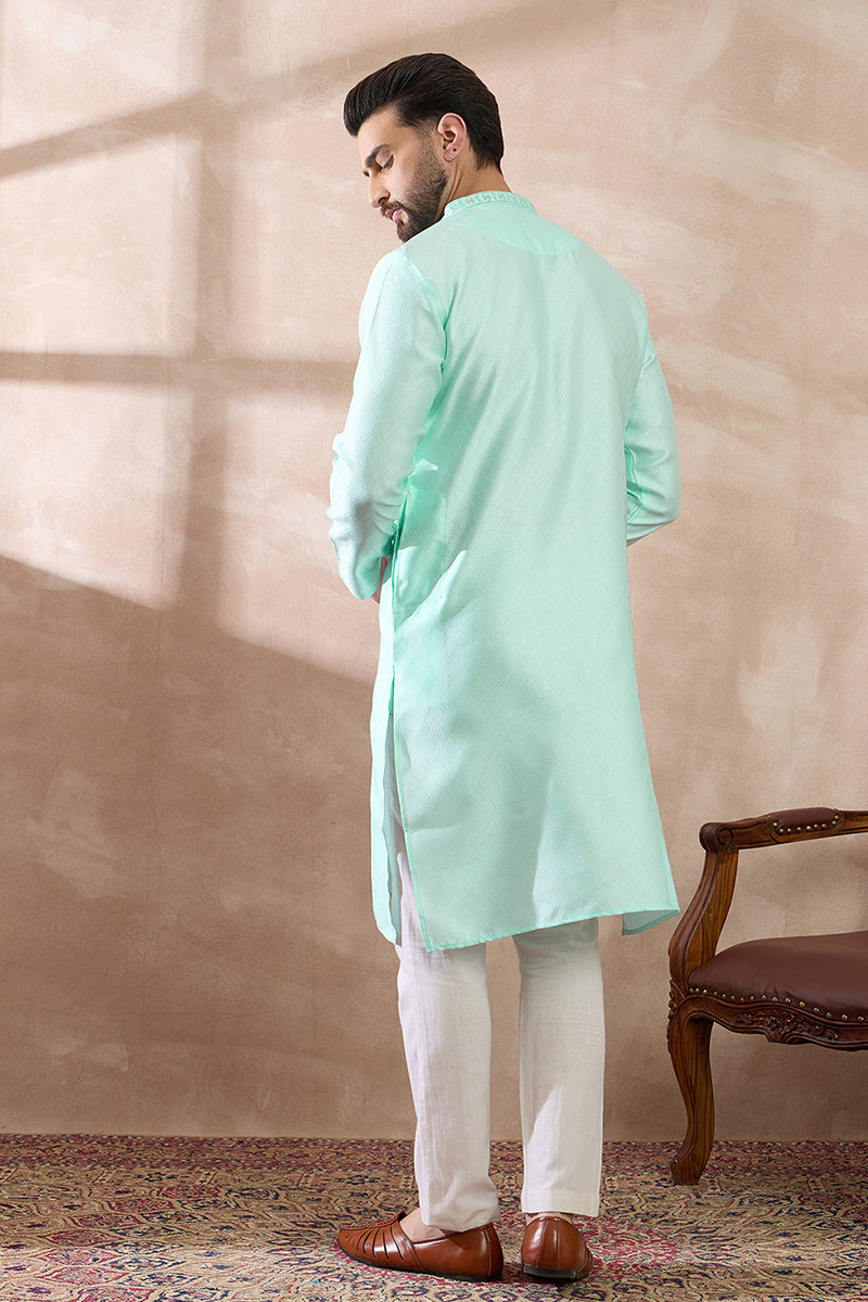 Teal Polyester Woven Design Mandarin Collar Straight Kurta MKU2016