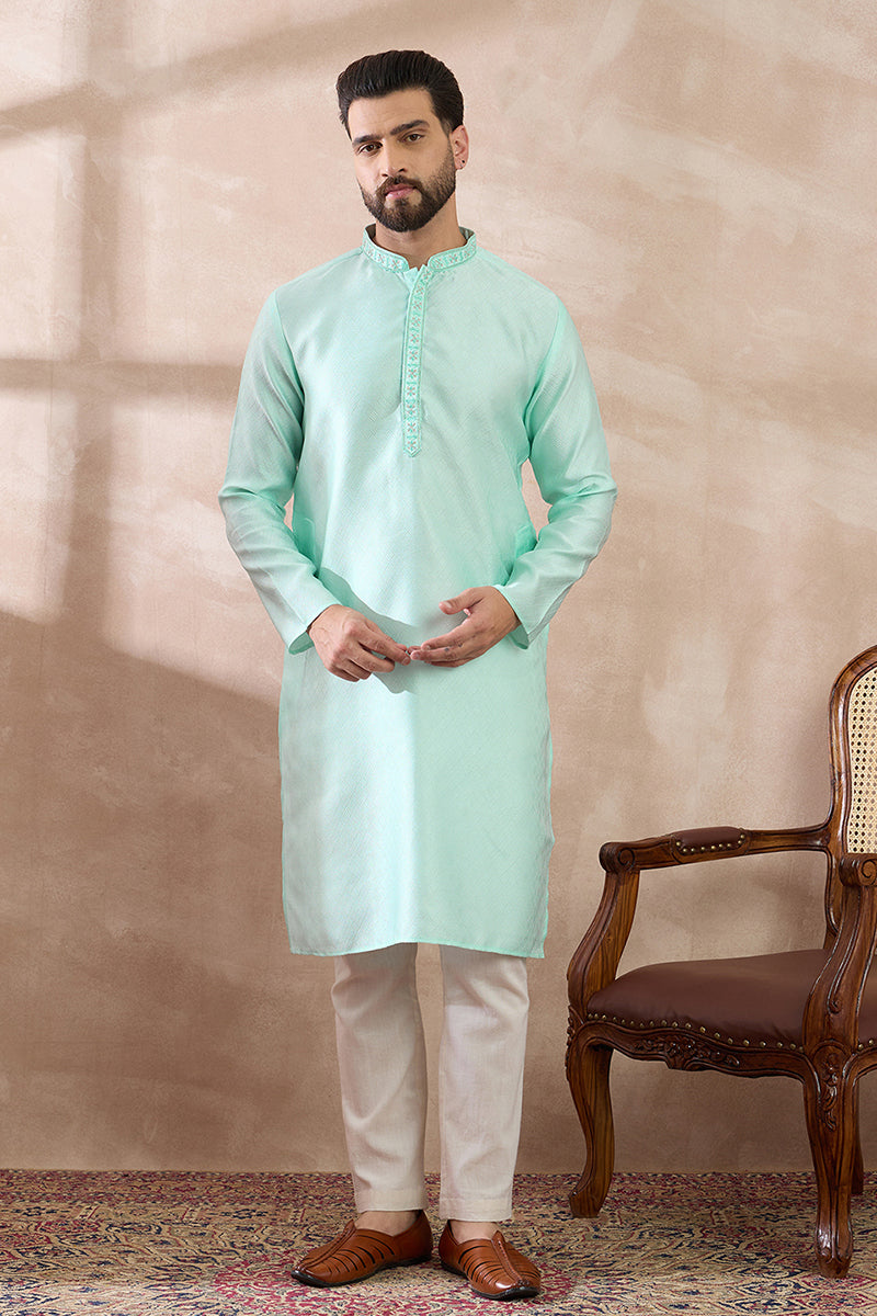 Teal Polyester Woven Design Mandarin Collar Straight Kurta MKU2016