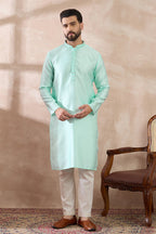 Teal Polyester Woven Design Mandarin Collar Straight Kurta MKU2016