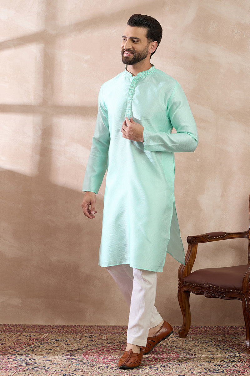 Teal Polyester Woven Design Mandarin Collar Straight Kurta MKU2016
