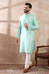Teal Polyester Woven Design Mandarin Collar Straight Kurta MKU2016