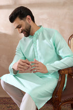 Teal Polyester Woven Design Mandarin Collar Straight Kurta MKU2016