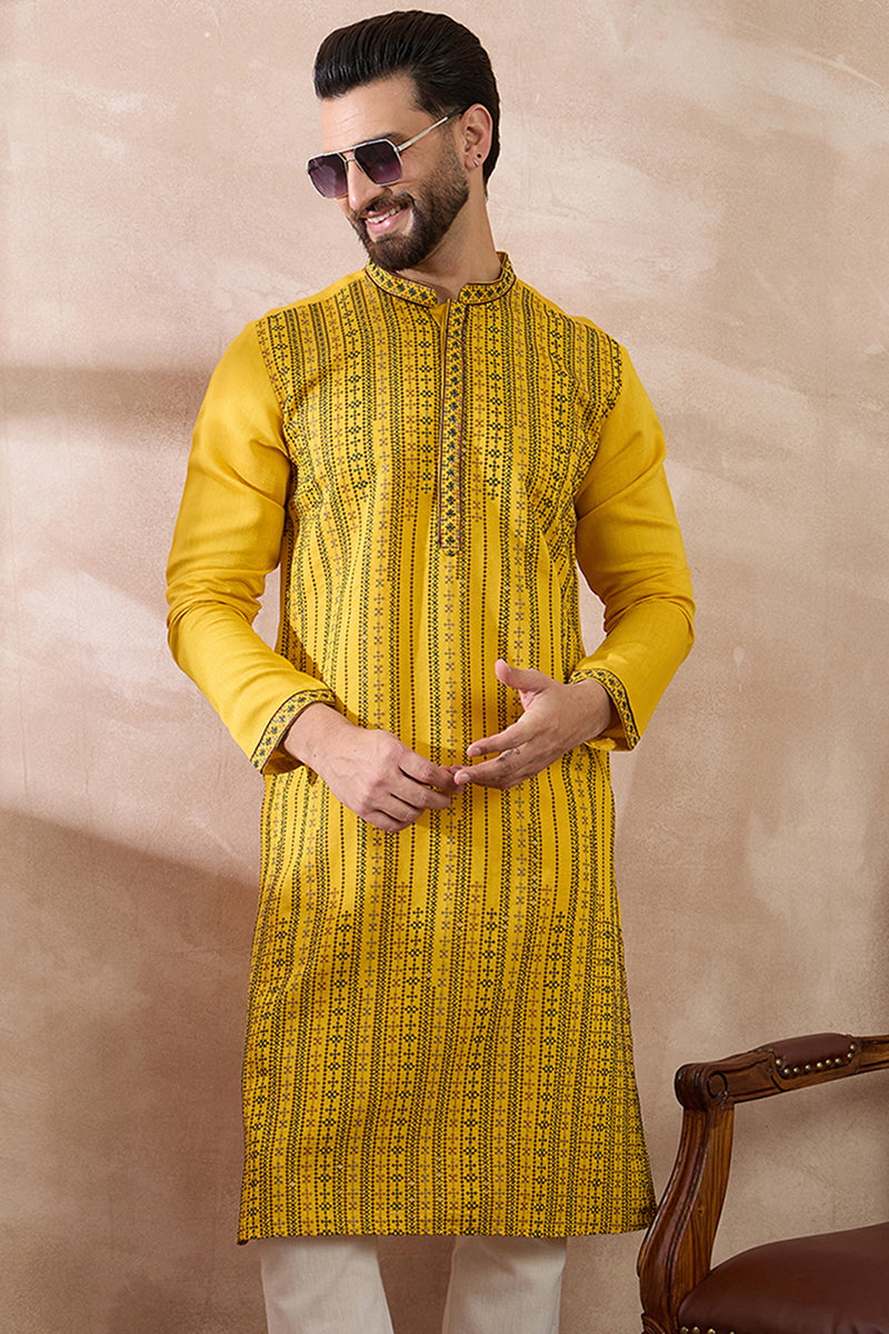 Yellow Silk Blend Embroidered Mandarin Collar Straight Kurta MKU2039